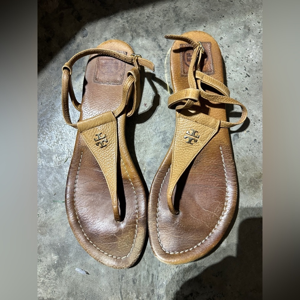Tory Burch Brown Tan Thong Leather Flat Strappy Sandal Sz 9.5